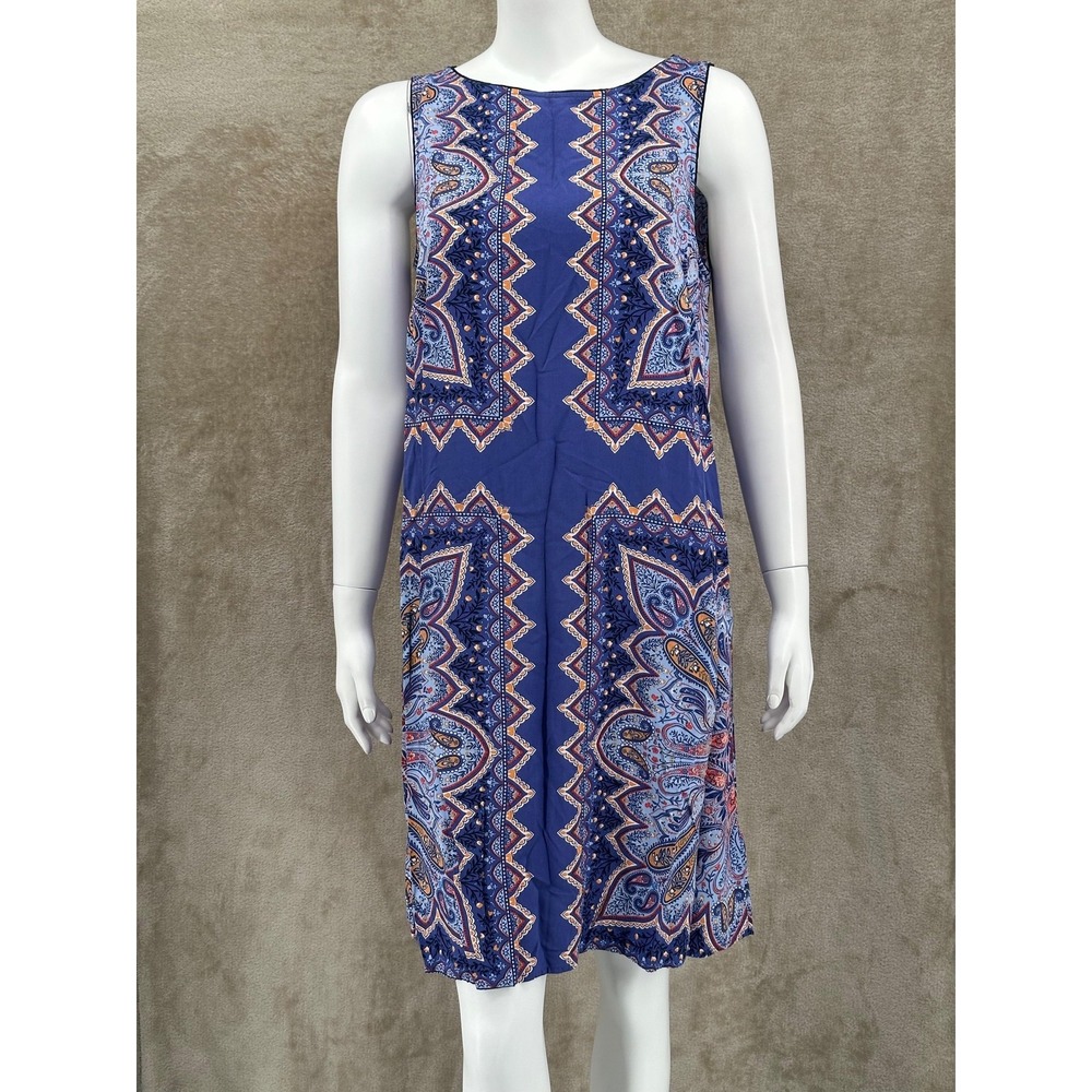 J Jill Dress Womens Medium Blue Sleeveless Boho Paisley Rayon Shift Sleeveless